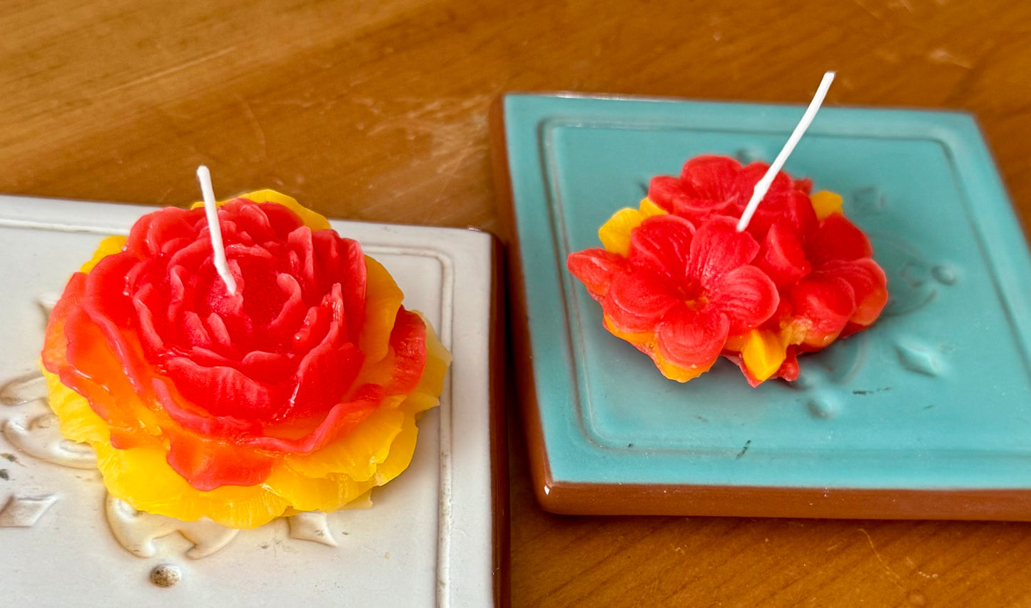 100% Beeswax Custom Hibiscus Horizon layered multi-colored Handmade Apple 3” x 3” & Small Matching Flower Votive Set