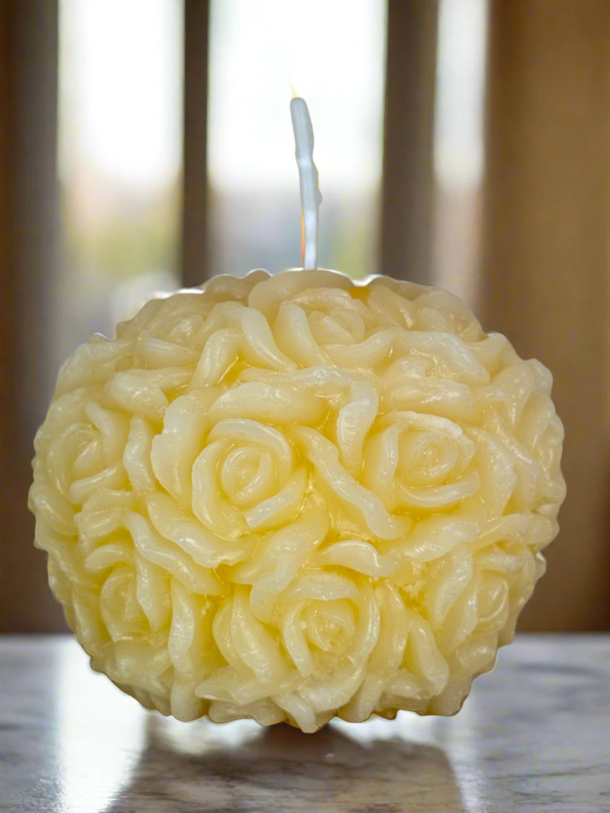 Handmade 100% Beeswax 4” Ball of Roses Hand Poured 3D Custom Yellow Marble Quartz Color Candle