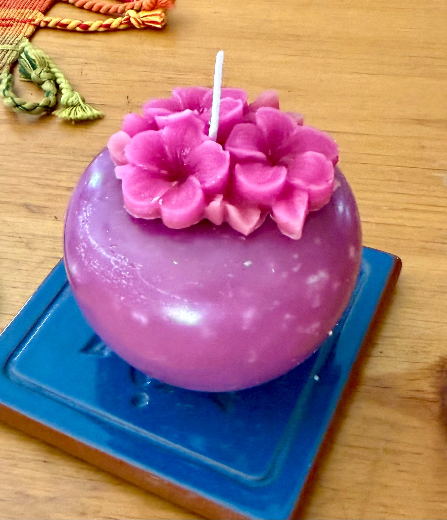 Handmade Bee Blossom Custom Pink Apple 3” x 3” & Small Flower 100% Beeswax Candle Set