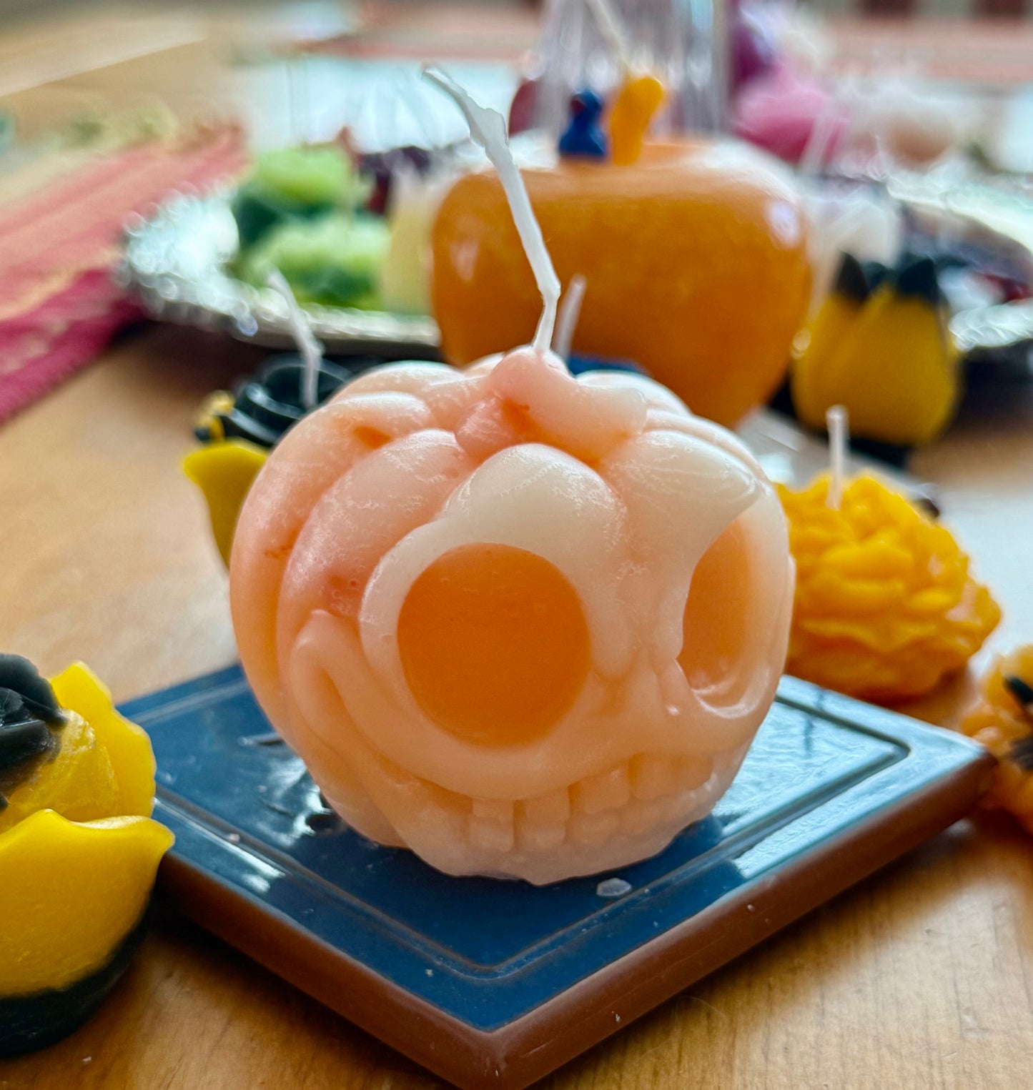 Handmade Custom Orange & White Marble Quartz Color 100% Beeswax Adorable Halloween Jack-o-Lantern Pumpkin Candle 3” x 2.5”