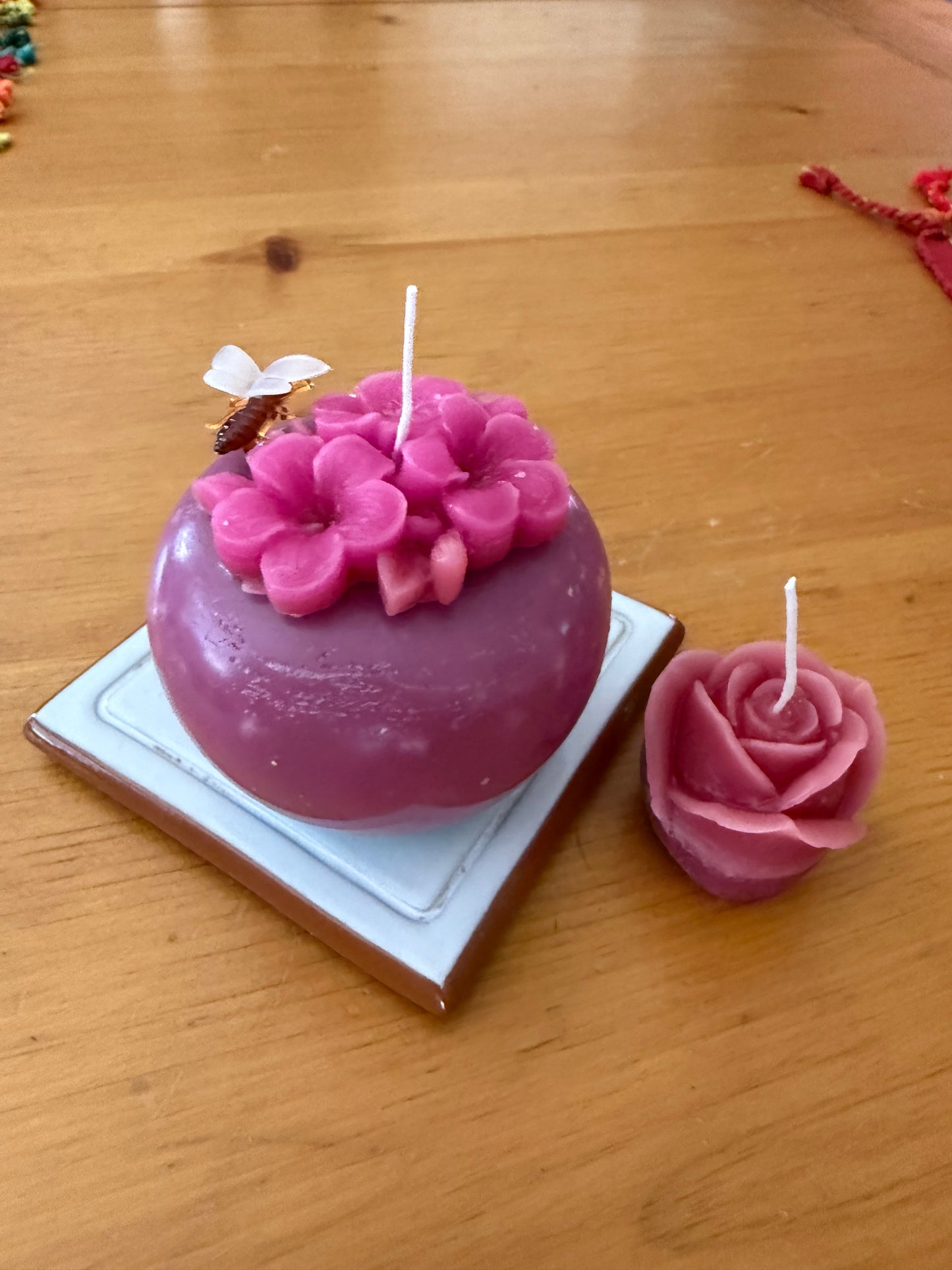 Handmade Bee Blossom Custom Pink Apple 3” x 3” & Small Flower 100% Beeswax Candle Set