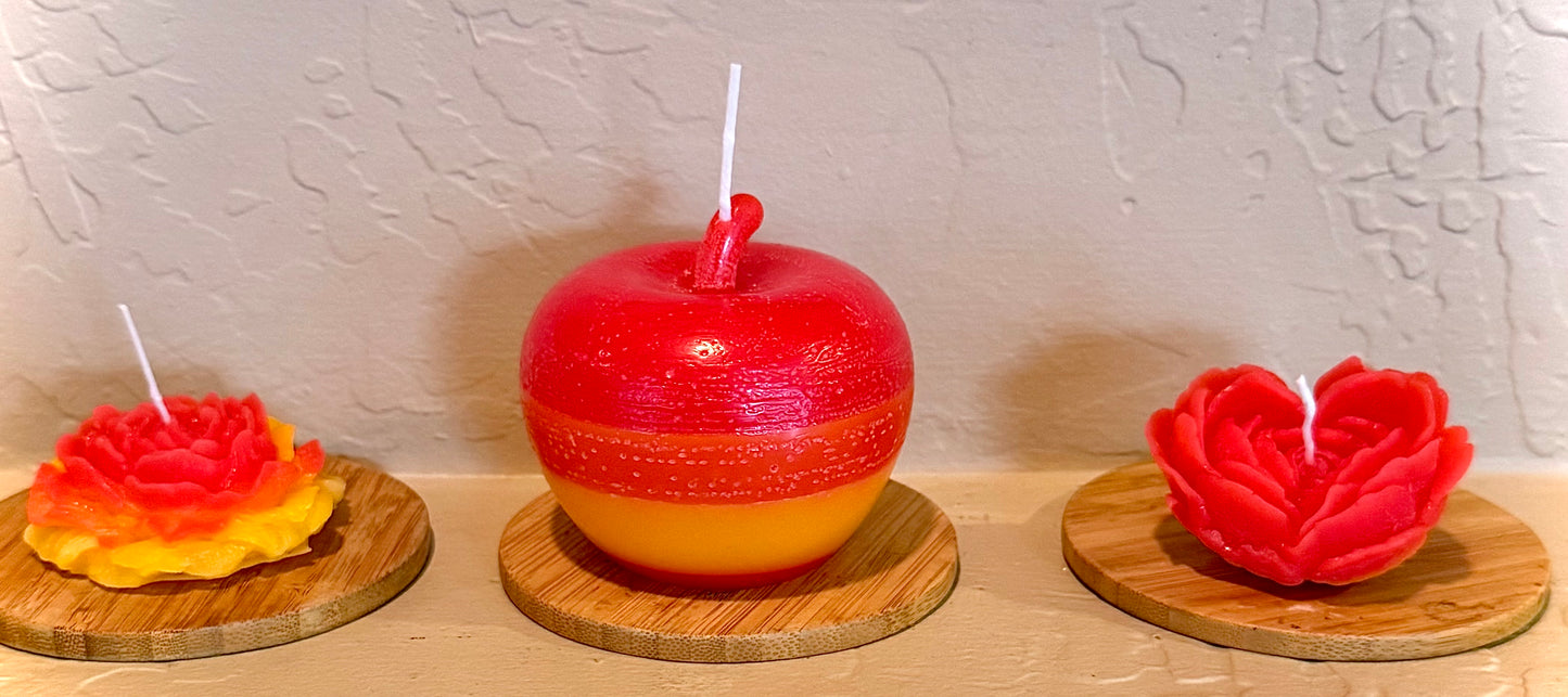 100% Beeswax Custom Hibiscus Horizon layered multi-colored Handmade Apple 3” x 3” & Small Matching Flower Votive Set
