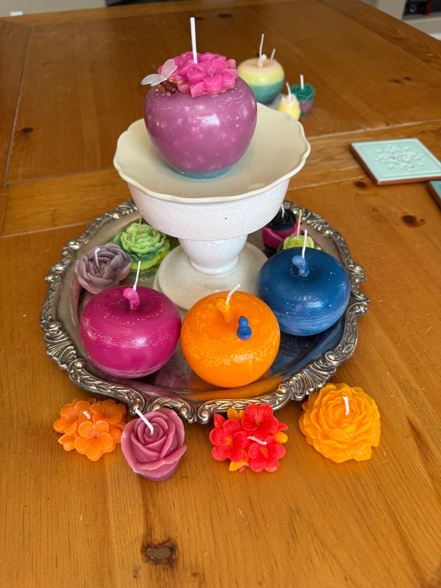 Handmade Bee Blossom Custom Pink Apple 3” x 3” & Small Flower 100% Beeswax Candle Set
