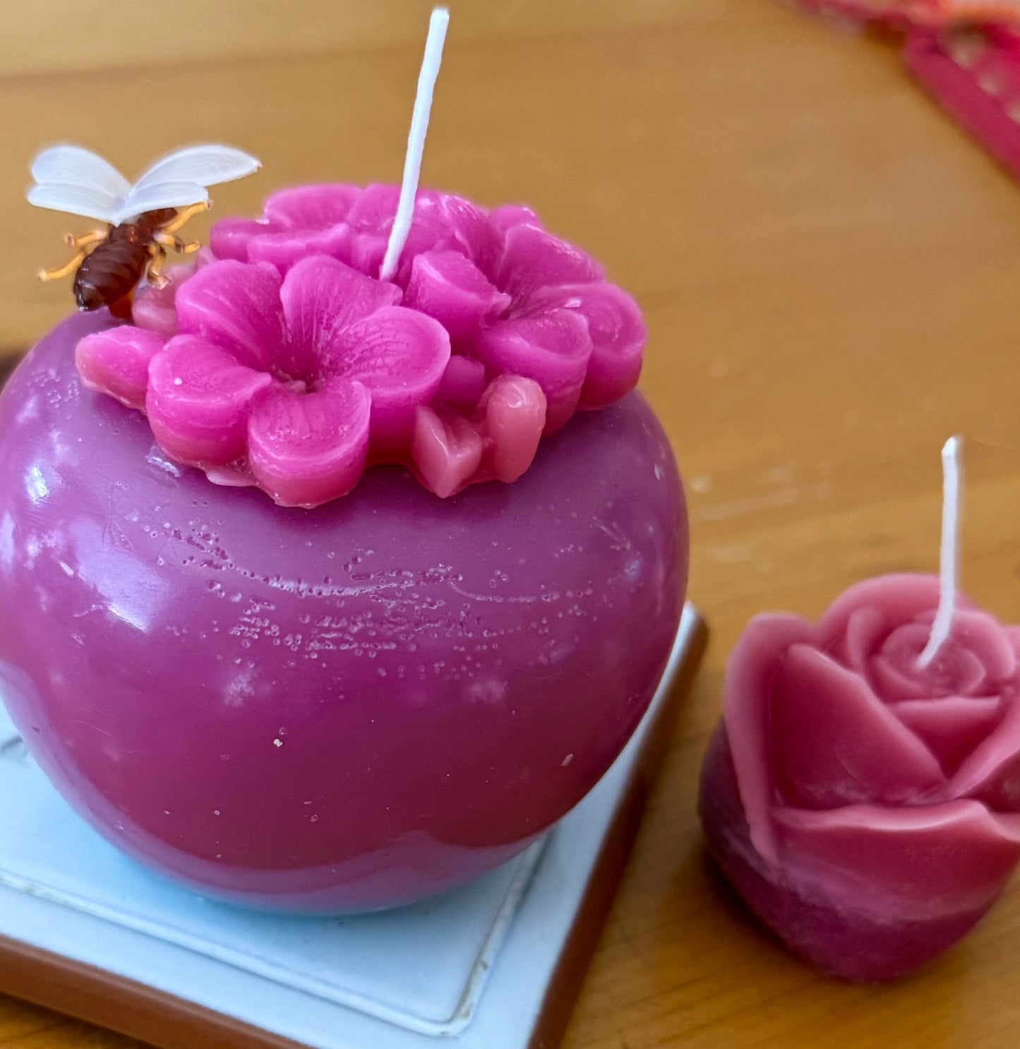 Handmade Bee Blossom Custom Pink Apple 3” x 3” & Small Flower 100% Beeswax Candle Set