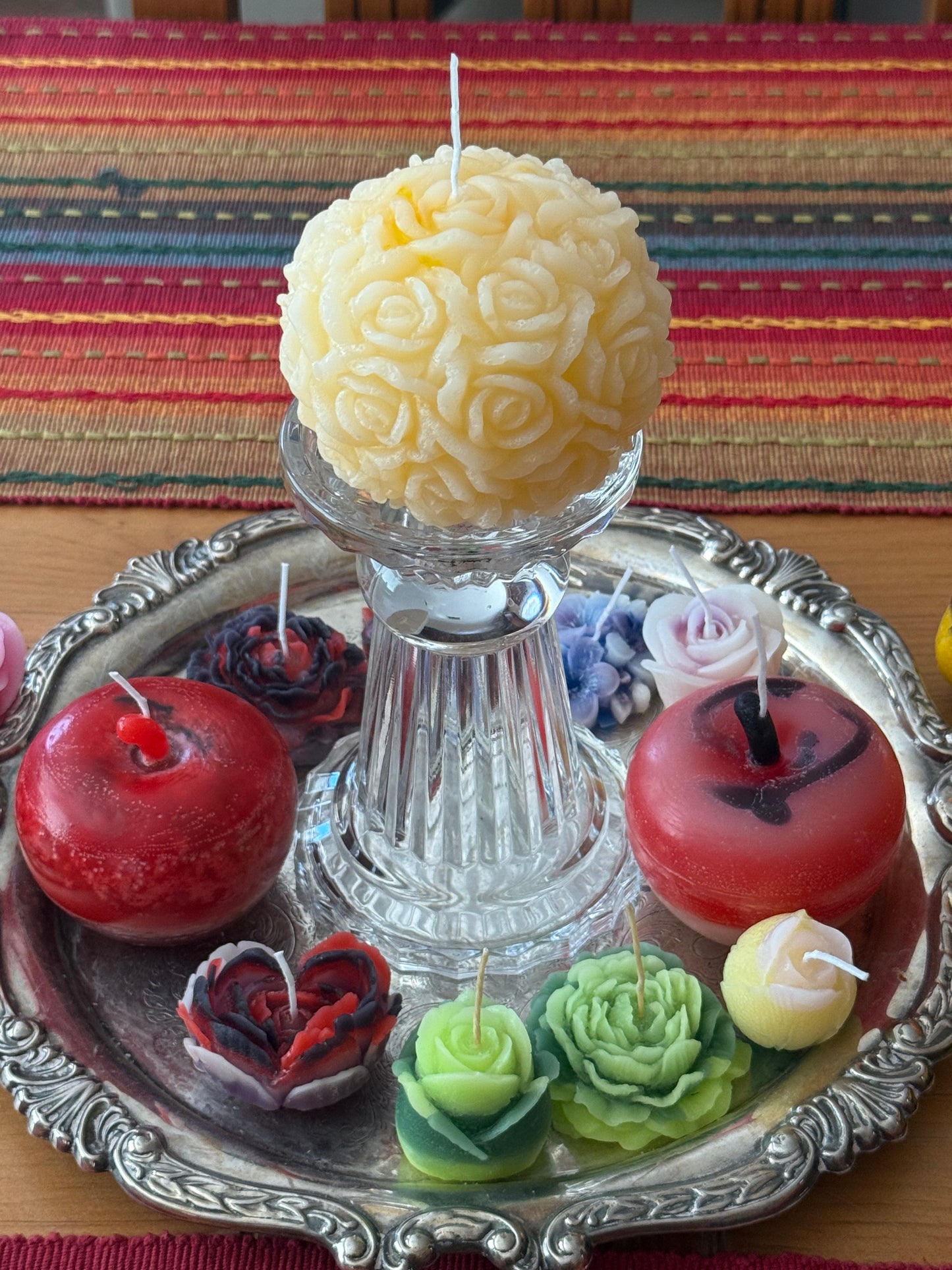 Handmade 100% Beeswax 4” Ball of Roses Hand Poured 3D Custom Yellow Marble Quartz Color Candle