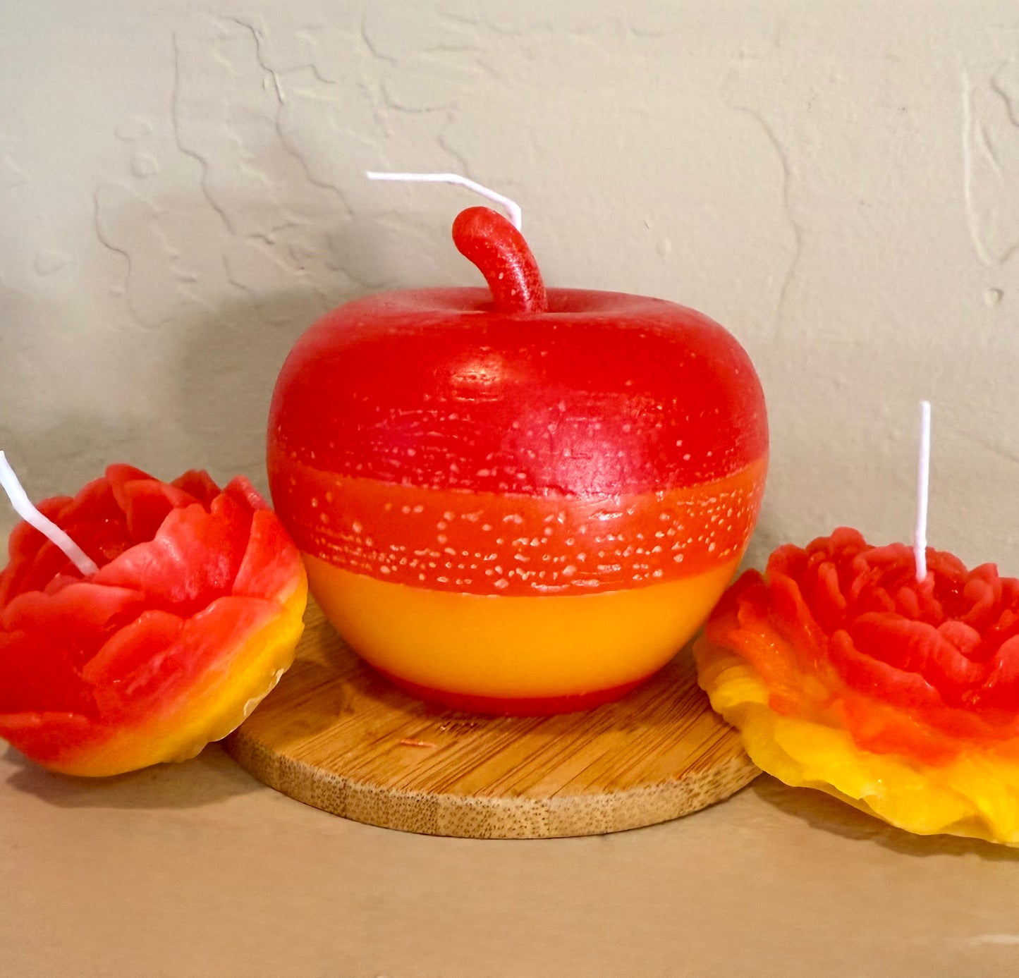 100% Beeswax Custom Hibiscus Horizon layered multi-colored Handmade Apple 3” x 3” & Small Matching Flower Votive Set