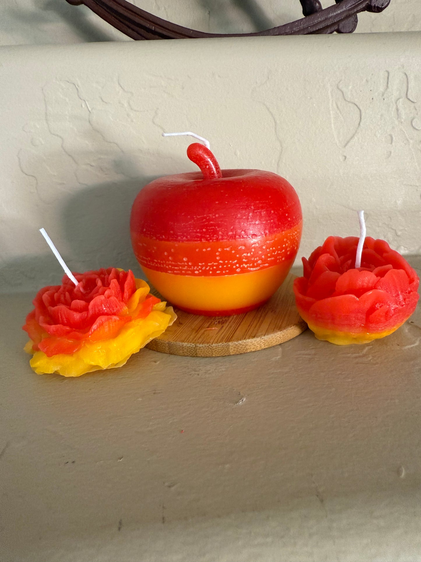 100% Beeswax Custom Hibiscus Horizon layered multi-colored Handmade Apple 3” x 3” & Small Matching Flower Votive Set